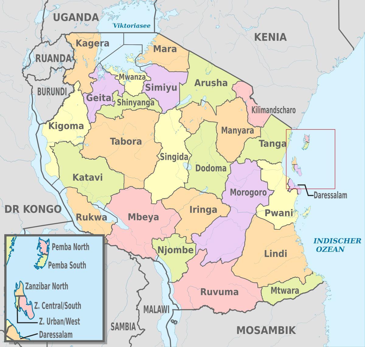 bản đồ của tanzania đang ở khu vực và huyện