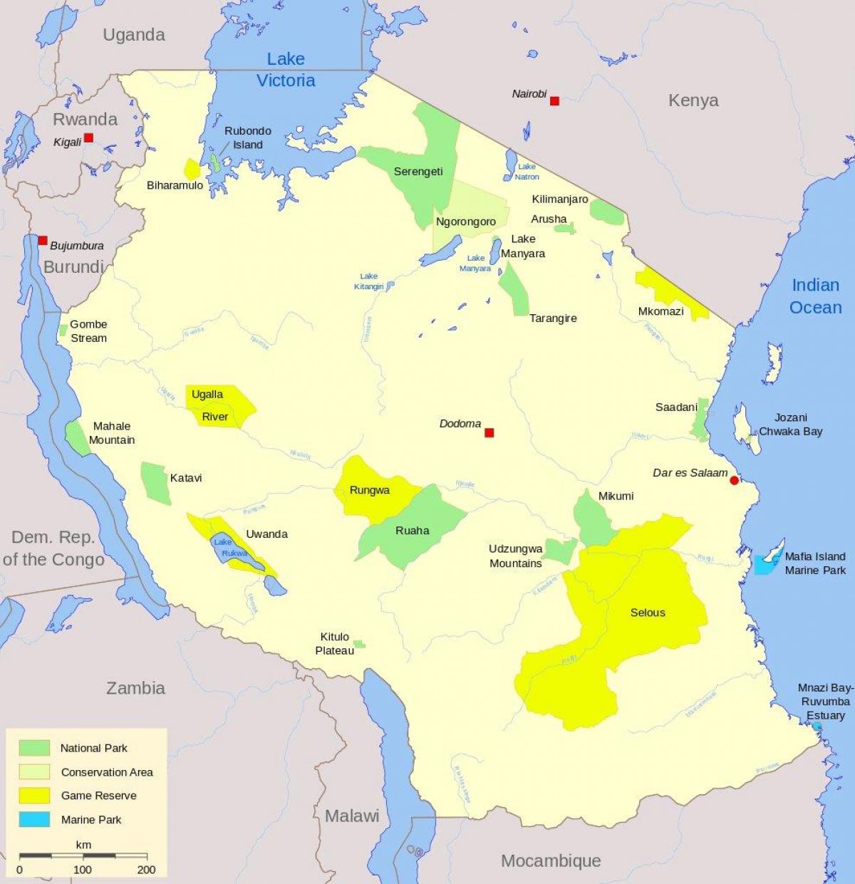 bản đồ của tanzania công viên quốc gia và dự trữ trò chơi