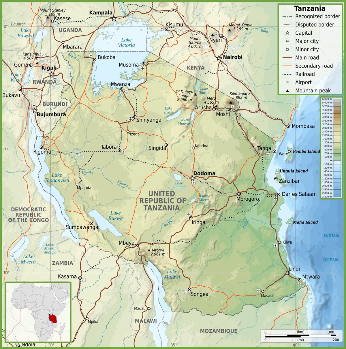 Bản đồ của đường tanzania với khoảng cách
