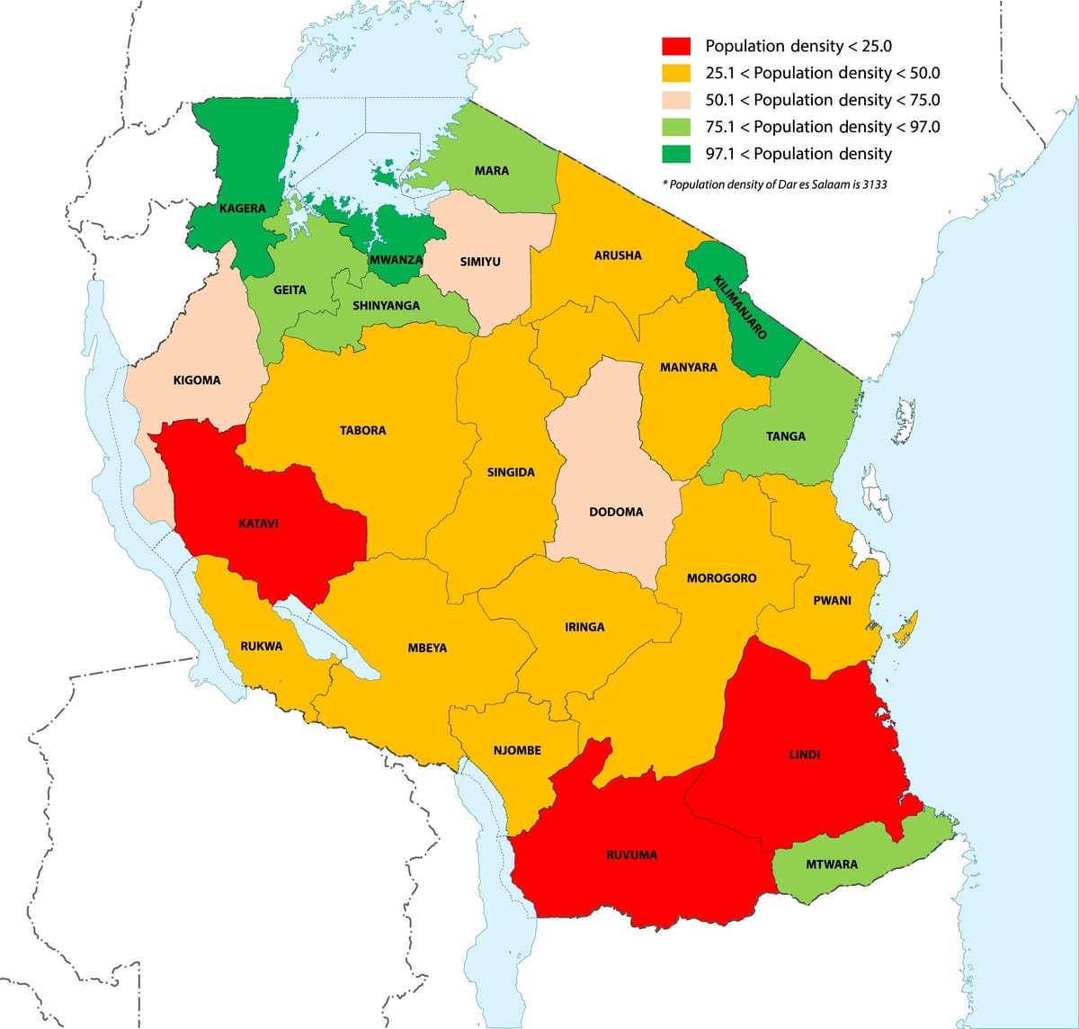tanzania mật độ dân bản đồ